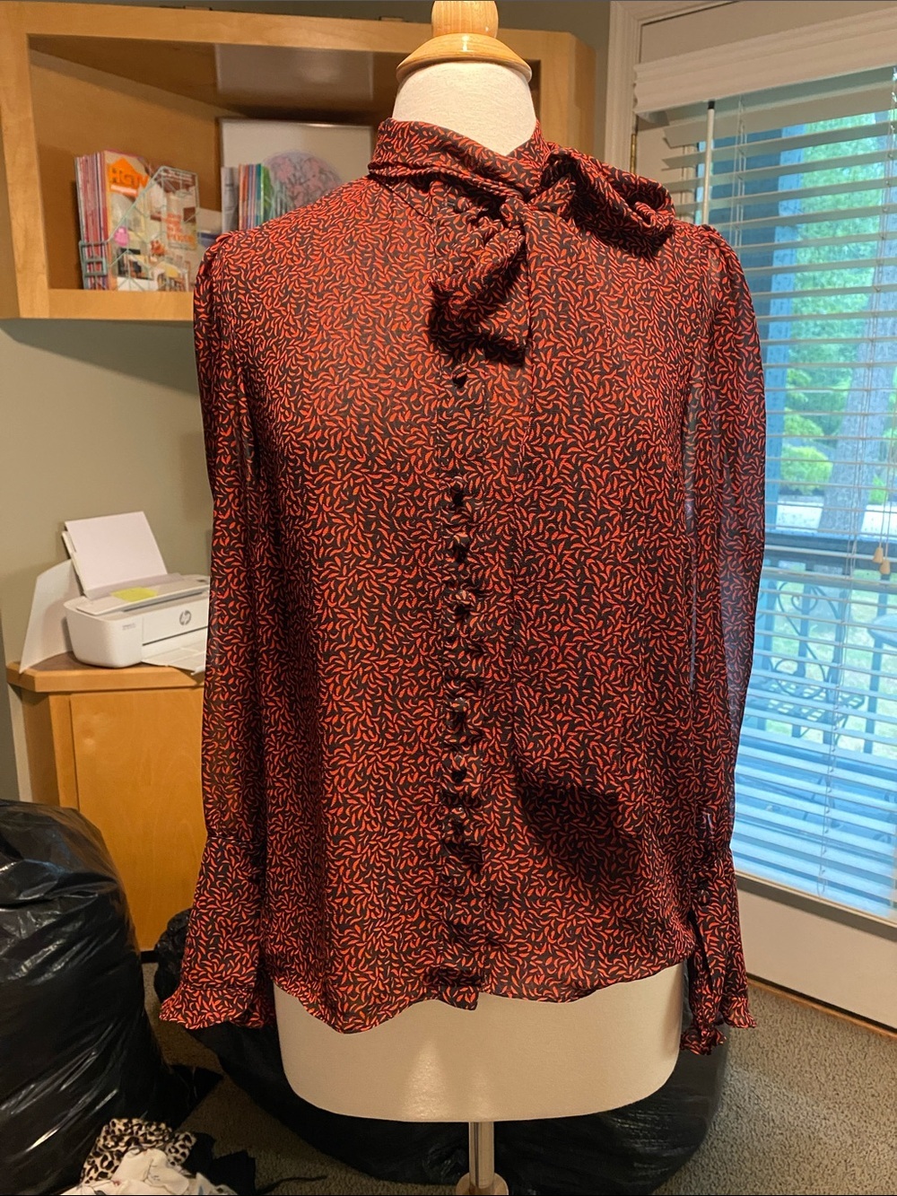 Misa Los Angeles Black and Rust Tie-Neck Printed Blouse